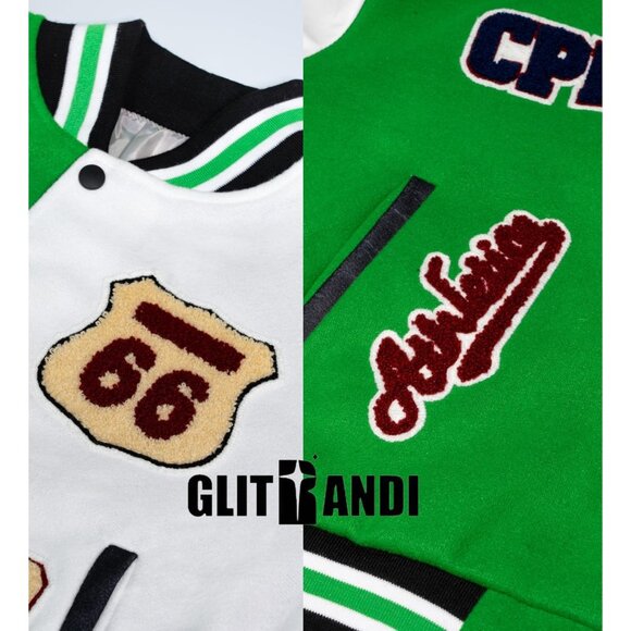 Women's Varsity Jacket with Patches Print Cropped Bomber Leather Jacket A-Green - Picture 4 of 4